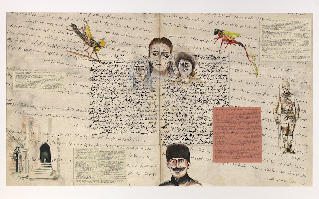 Image composed of archival texts and drawings about Ihsan Turjman